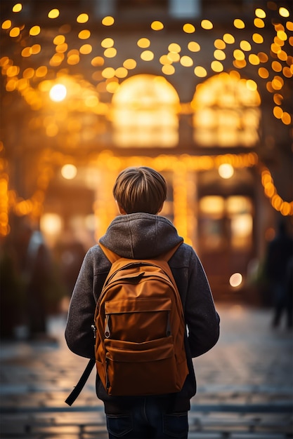 Un ragazzo in primo piano che indossa uno zaino da scuola e corre verso la scuola