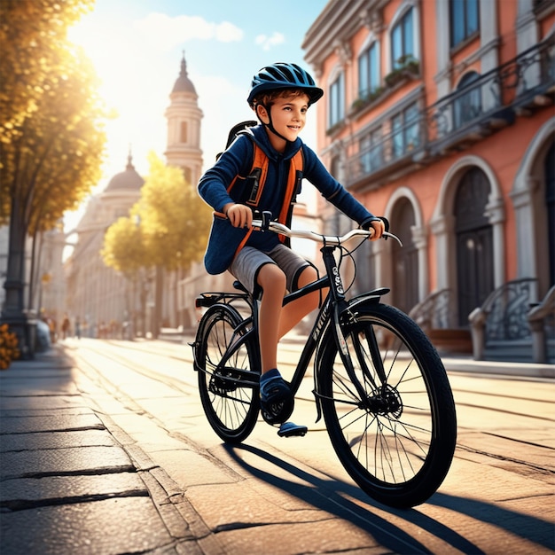 Un ragazzo in sella a una bicicletta dalla luce calda del sole, una bicicletta che attraversa il pittoresco centro della città, il Lon dei ragazzi