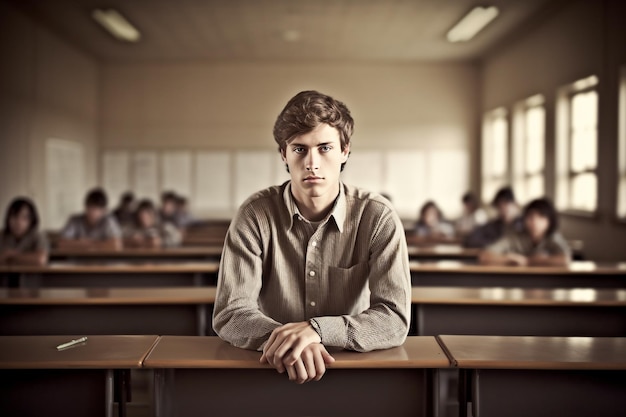Un ragazzo in un'aula con un'uniforme scolastica