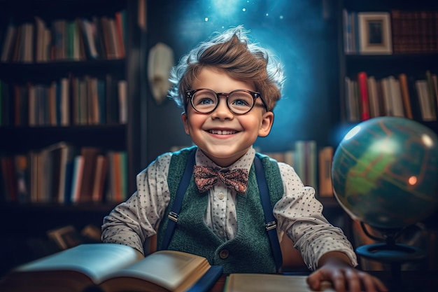 Un ragazzo in una biblioteca con libri e un mappamondo