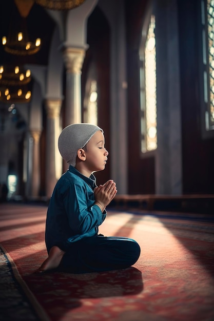 Un ragazzo in una moschea che prega con le mani giunte.