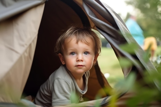 Un ragazzo in una tenda guarda fuori dalla finestra