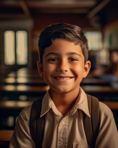 Un ragazzo in uniforme scolastica sorride alla telecamera.