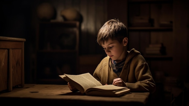 Un ragazzo legge un libro in una stanza buia.