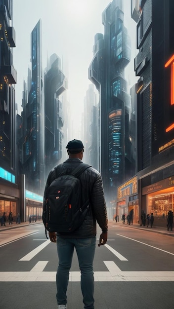 Un ragazzo nella futuristica città cyberpunk