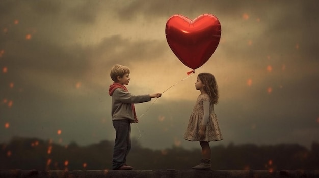 Un ragazzo regala un palloncino a forma di cuore a una ragazza.