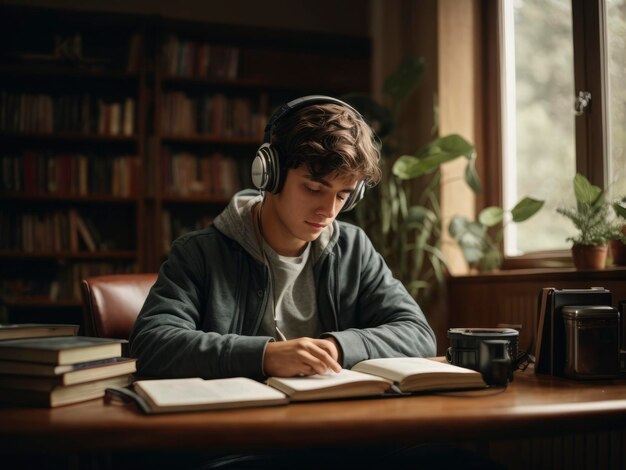 un ragazzo seduto a un tavolo con un libro e le cuffie su