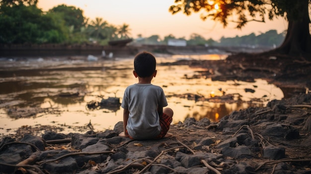 un ragazzo seduto per terra vicino a un fiume al tramonto