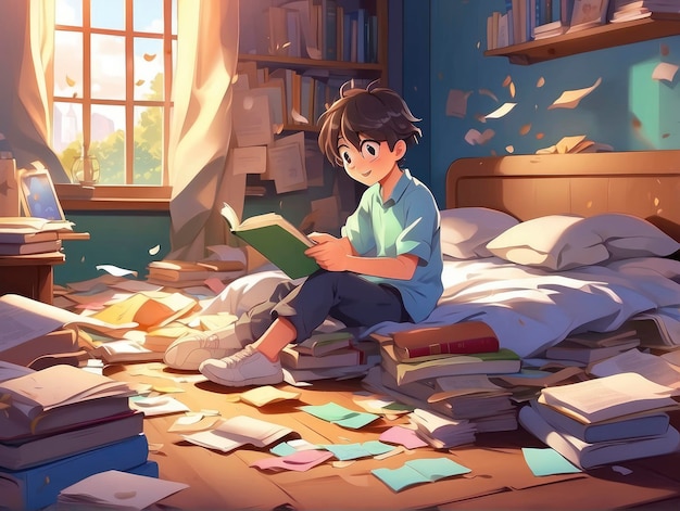 un ragazzo seduto su un letto che legge un libro in una stanza disordinata