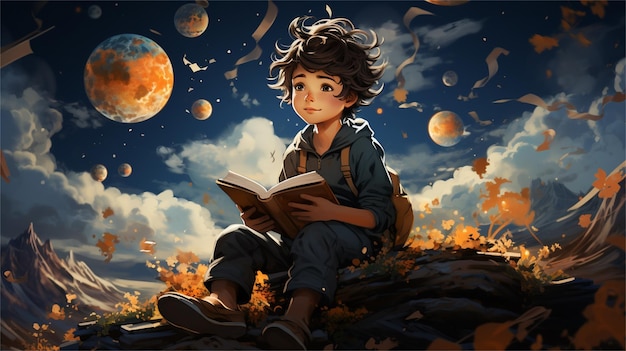 un ragazzo seduto su una roccia legge un libro con le parole "la luna"