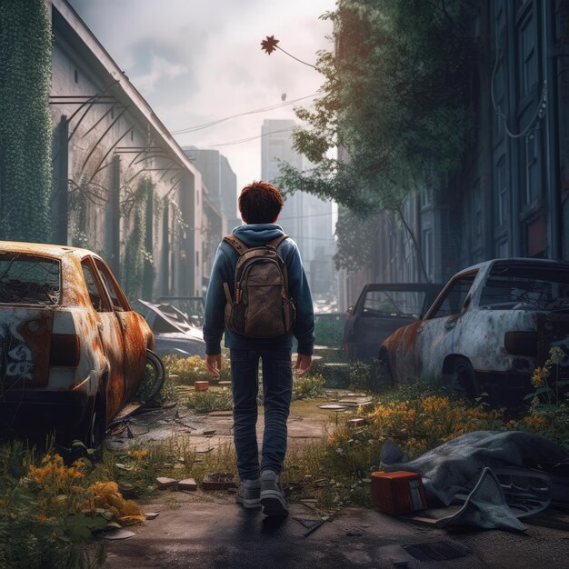 Un ragazzo si allontana in una strada dove la natura rivendica un mondo urbano abbandonato