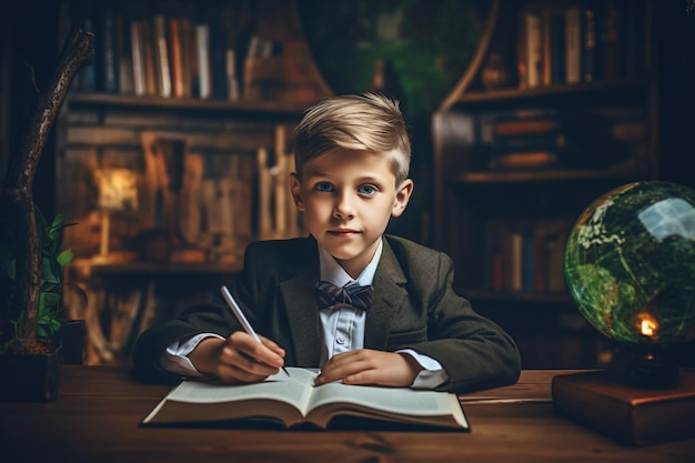 Un ragazzo si siede a una scrivania in una biblioteca, scrivendo in un libro.