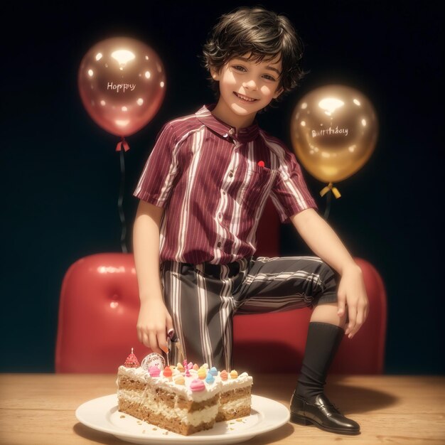 un ragazzo si siede di fronte a una torta di compleanno con la parola "buon compleanno" su di essa