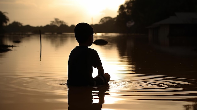 Un ragazzo si siede in un fiume allagato nella zona di amazon.com.