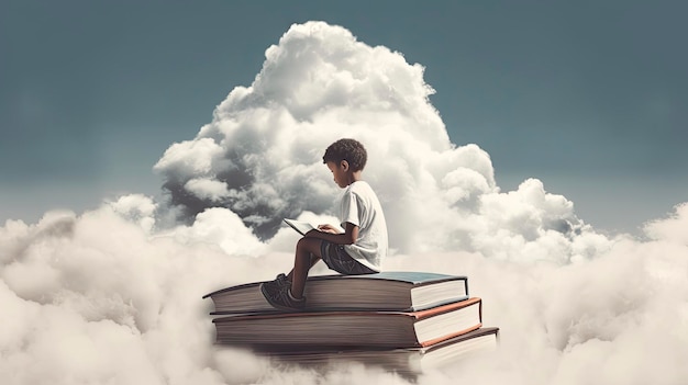 Un ragazzo si siede su una pila di libri tra le nuvole leggendo un libro.