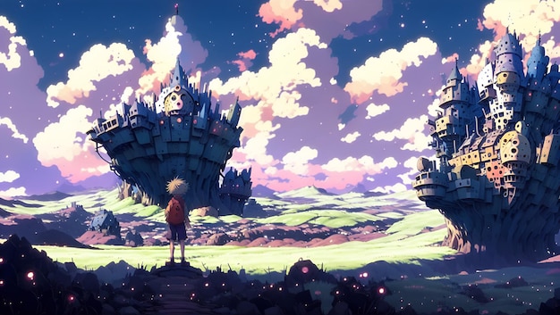 Un ragazzo si trova davanti a un castello e guarda il cielo.