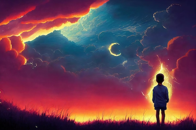 Un ragazzo si trova in un campo e guarda un punto infuocato al tramonto al sole della sera in un cielo nuvoloso illustrazione 3d