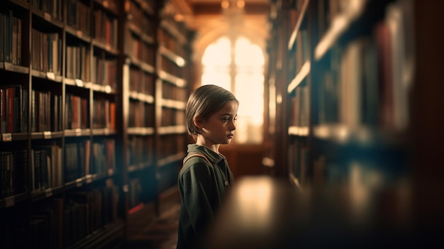 Un ragazzo si trova in una biblioteca con scaffali e una libreria