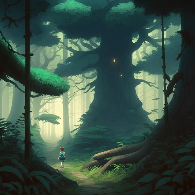 Un ragazzo si trova in una foresta con una luce sull'albero.