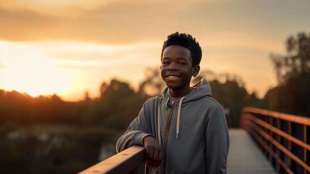 Un ragazzo si trova su un ponte di fronte a un tramonto.