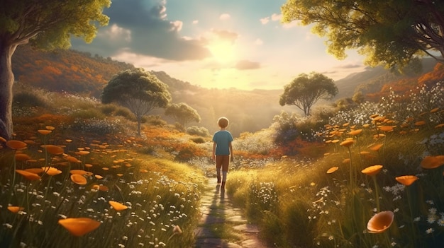 Un ragazzo si trova su un sentiero in un campo di fiori.