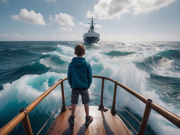 Un ragazzo si trova sul bordo di una nave e guarda le onde del mare