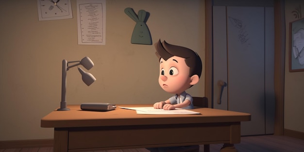 Un ragazzo siede a una scrivania davanti a un cartello che dice "pixar"