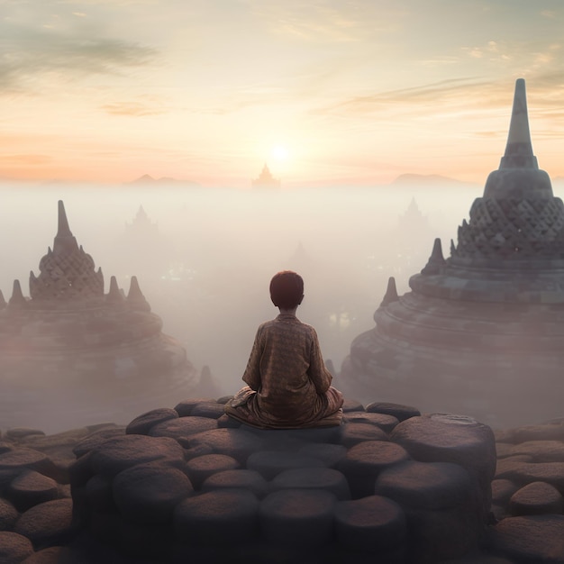 Un ragazzo siede davanti a un paesaggio nebbioso con un tempio sullo sfondo.