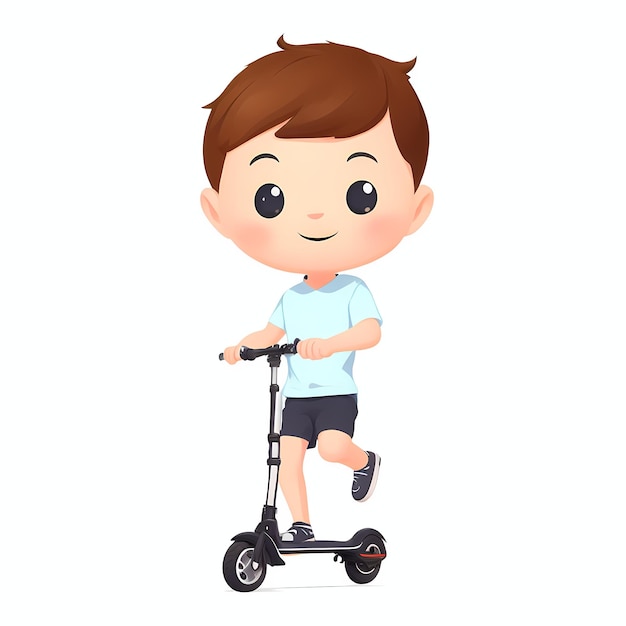 Un ragazzo simpatico personaggio dei cartoni animati guida uno scooter su sfondo bianco e maglietta blu pittura digitale AI