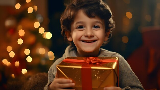 un ragazzo sorride mentre tiene in mano un regalo con un albero di Natale sullo sfondo