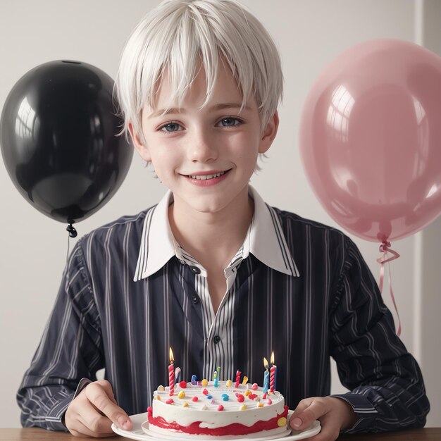 un ragazzo sorride mentre tiene in mano una torta di compleanno con il numero 3.