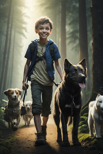un ragazzo sorridente che tiene in braccio il suo fedele amico Bolt il cane mentre camminano insieme nella foresta