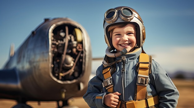 Un ragazzo sorridente vestito con l'uniforme di un pilota sta accanto a un aereo