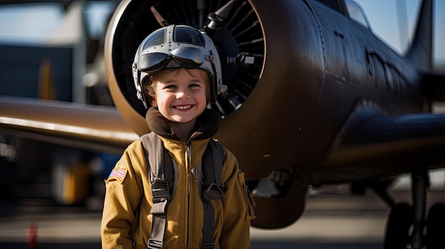 Un ragazzo sorridente vestito con l'uniforme di un pilota sta accanto a un aereo