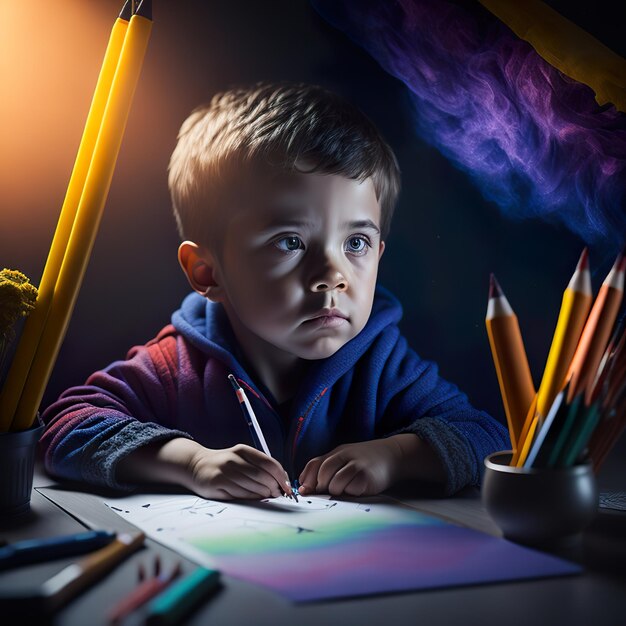 Un ragazzo sta disegnando con una penna e uno sfondo spaziale