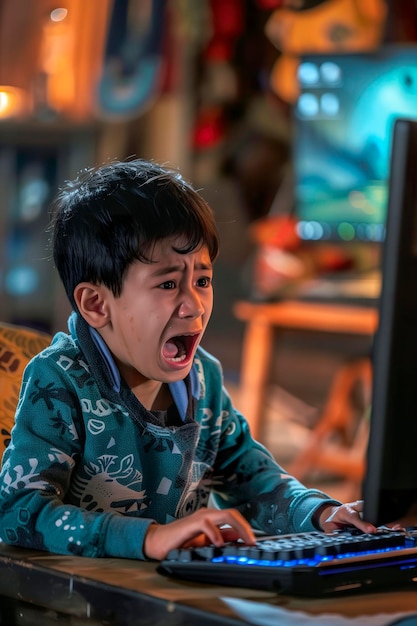 Un ragazzo sta giocando a un videogioco con una faccia di concentrazione