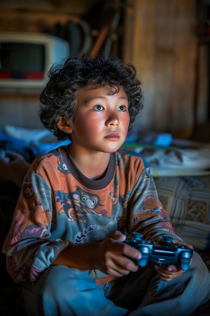 Un ragazzo sta giocando a un videogioco con una faccia di concentrazione