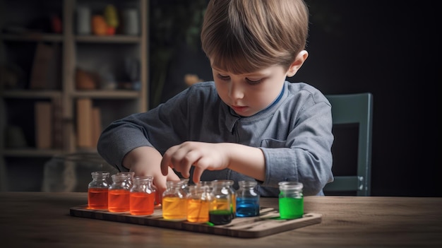 Un ragazzo sta giocando con dei liquidi colorati in un bicchiere