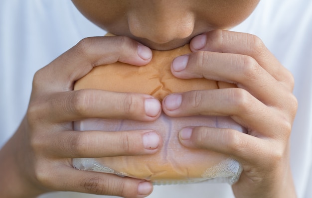 Un ragazzo sta mangiando hamburger con sfondo campo verde, concetto di picnic