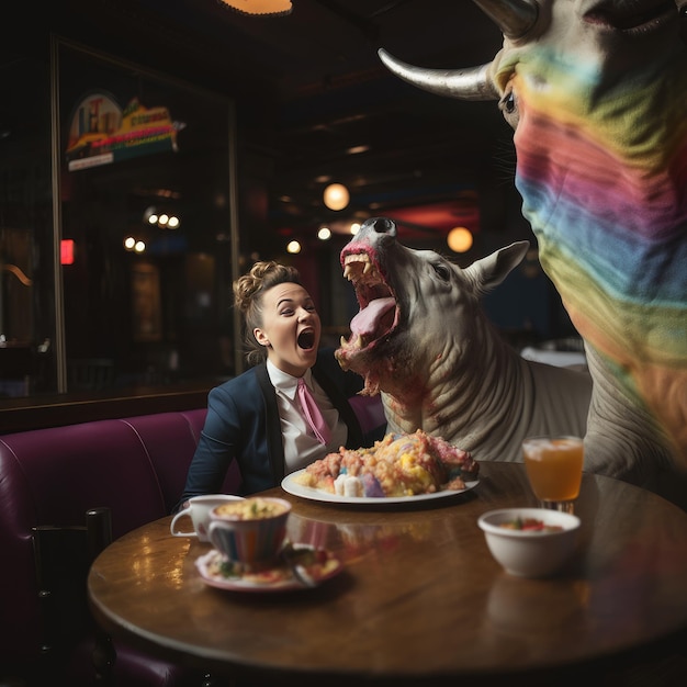 un ragazzo sta mangiando una mucca con un cartello dell'arcobaleno dietro di lui.