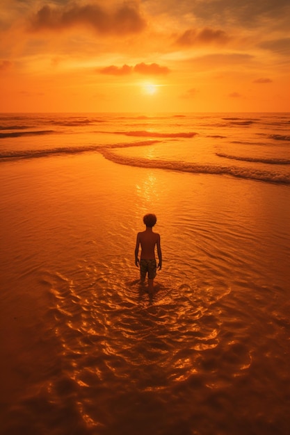 Un ragazzo sta nell'acqua su una spiaggia al tramonto