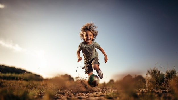 un ragazzo sta saltando e calcia il pallone da calcio o da calcio isolato su sfondo bianco