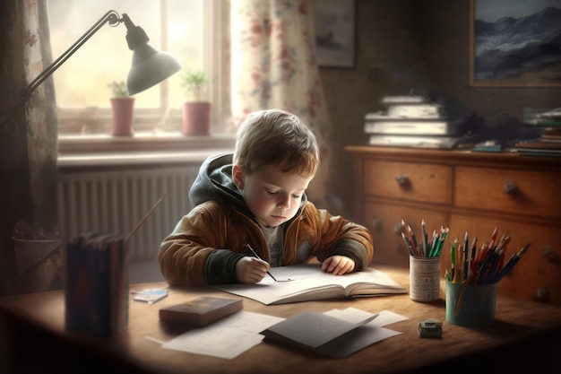 Un ragazzo sta scrivendo a una scrivania in una stanza buia.