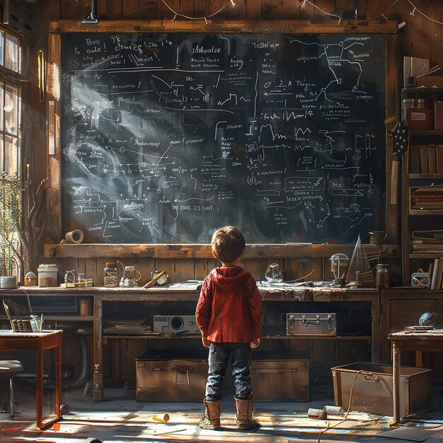 Un ragazzo sta studiando in classe con una lavagna come sfondo tridimensionale e chiaro