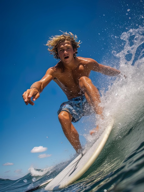 Un ragazzo sta surfando su un'onda con l'oceano dietro di lui.