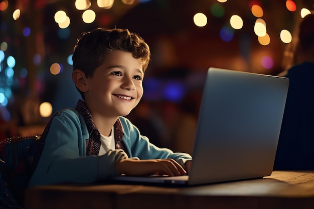 Un ragazzo sta usando un computer portatile davanti a luci di Natale