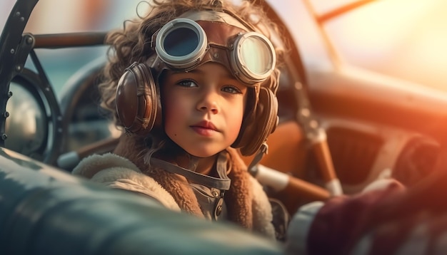 Un ragazzo su un aeroplano d'epoca con la scritta volare sul davanti