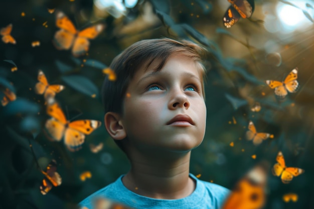 Un ragazzo su uno sfondo di farfalle colorate con sfondo testurato illustrazione 3D