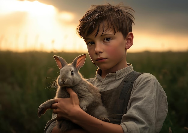 Un ragazzo tiene in mano un coniglio