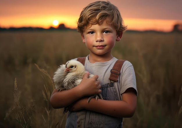 Un ragazzo tiene in mano un pollo